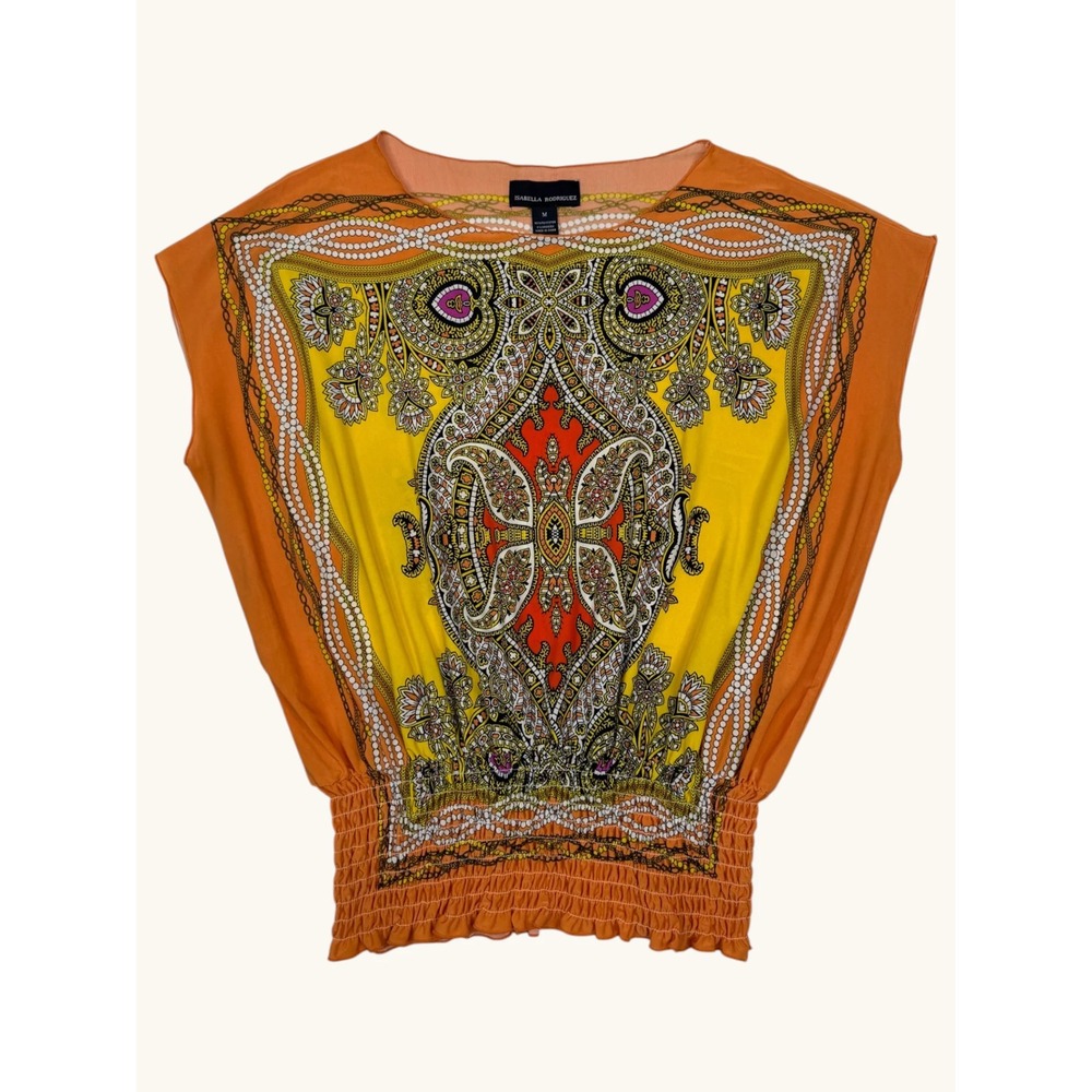 Isabella Rodriguez Orange Yellow Paisley Scarf Print Smocked Waist Blouse M